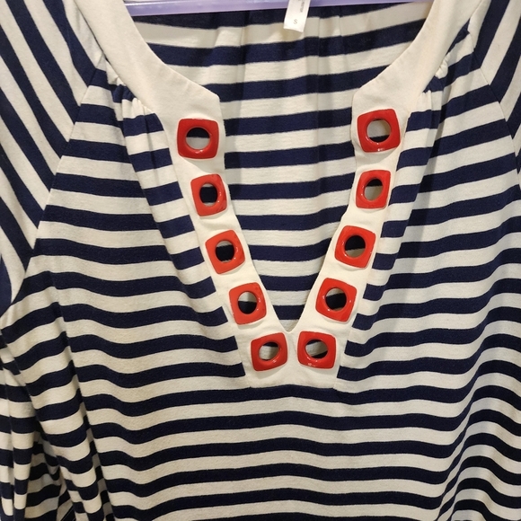 NANETTE LEPORE BLue and Ivory Stripes Roll up Sleeves Swim Cover up size S - Picture 2 of 10